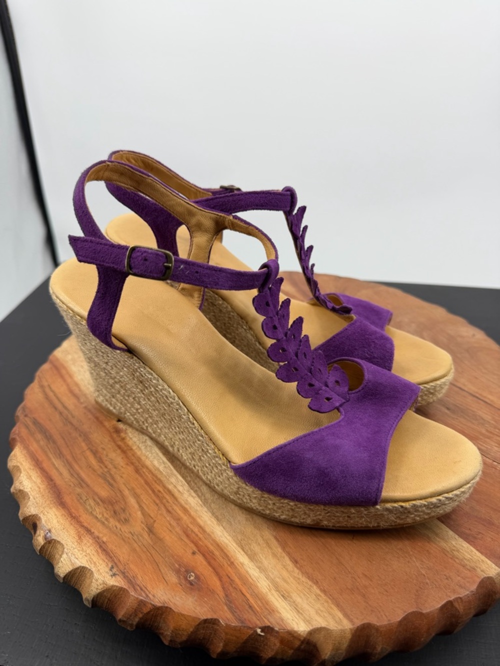 Coclico purple suede T-strap sandals espadrille wedges 39 8.5‎